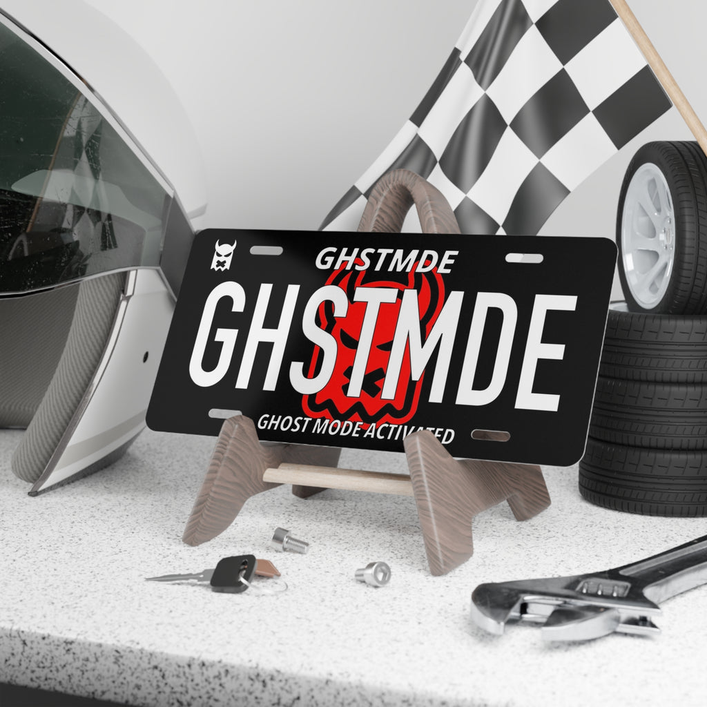 GHOSTMODE Vanity Plate — 'GHSTMD' Black Red License Tag (Ghost Mode Activated)